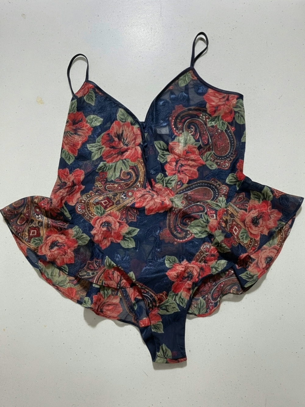 Vintage Victoria's Secret Gold Label Floral Paisley Ruffle Teddy Large